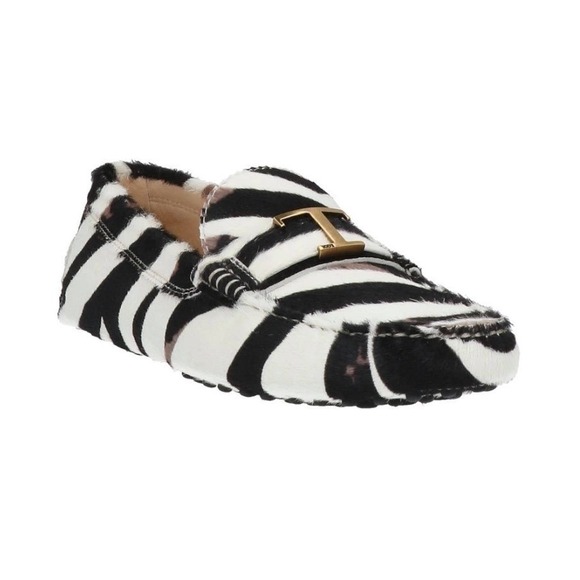 Tod's Shoes - Tods Zebra Print Calf Hair Gommino Driving Loafers Gold T Hardware 6 new in box